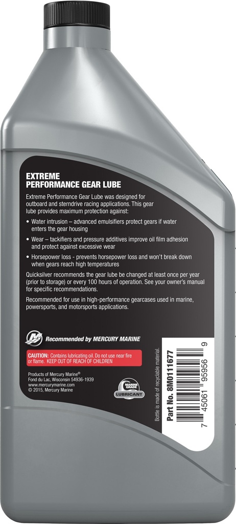 [92 8M0111677] QUICKSILVER SAE 85W90 EXTREME PERFORMANCE GEAR OIL - 946 ML (32 FL OZ) BOTTLE (8M0111677)