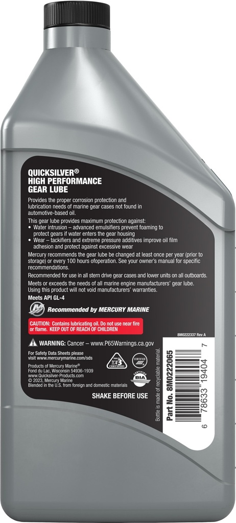 [92 8M0222065] QUICKSILVER RECOMMENDED FOR USE IN MARINE GEAR CASES WITH MARINE ENGINES ABOVE 75HP. - 946 ML (32 FL OZ) PLASTIC BOTTLE (8M0222065)