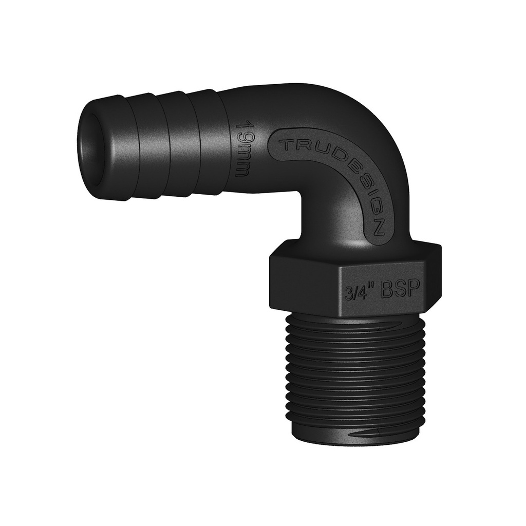 [138685-BLA] TRU DESIGN 90° ELBOW HOSE TAIL 19MM X 3/4" BSP (138685)