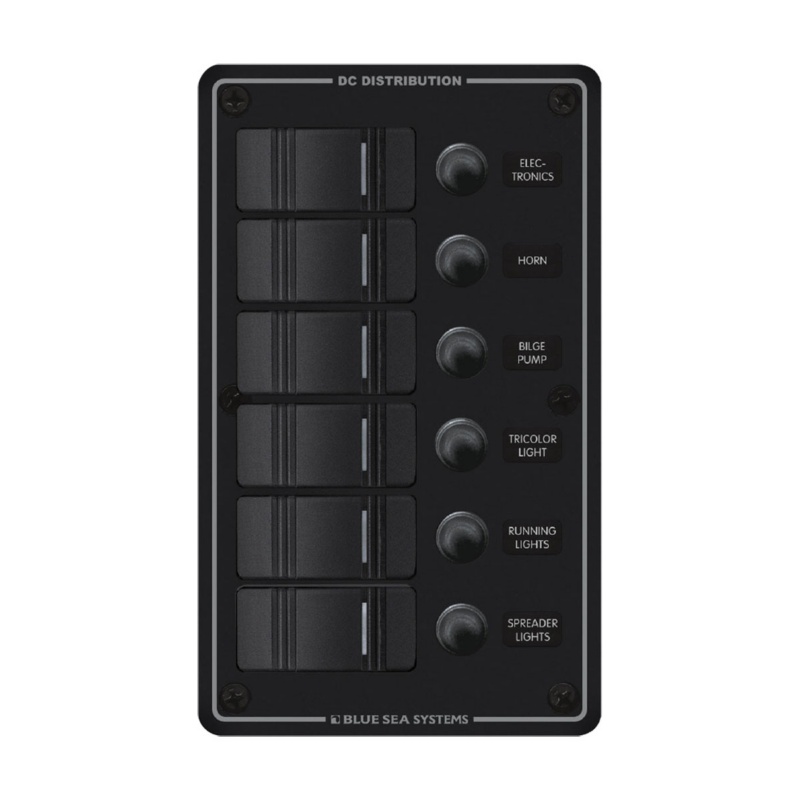 [BS-8373-BLA] BLUE SEA CONTURA WATER-RESISTANT PANEL 6 POSITION CLB BLACK (BS-8373)
