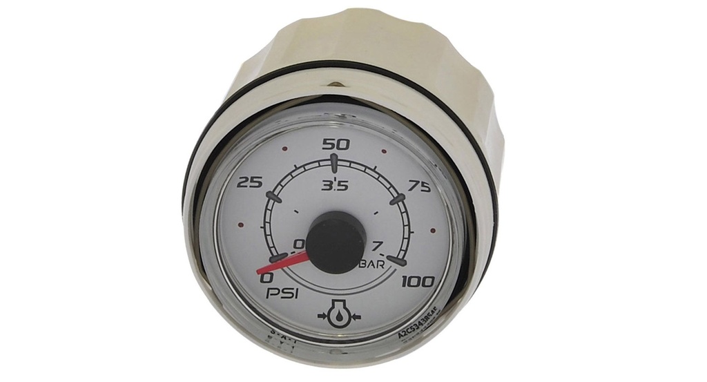 [79 8M0052869] OIL PRESSURE GAUGE - 0-100 PSI 52MM WHITE FACE GLASS LENS (8M0052869)