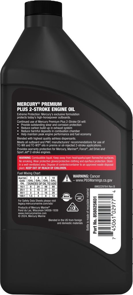 [92 858025K01] MERCURY PREMIUM PLUS TCW3 OIL - 473 ML (16 FL OZ) PLASTIC BOTTLE (858025K01)