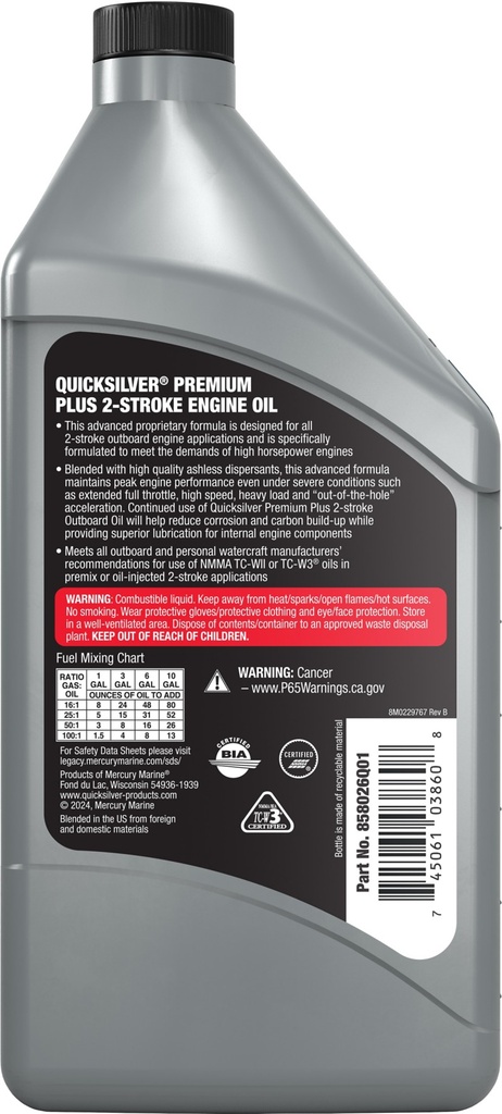 [92 858026Q01] QUICKSILVER PREMIUM PLUS TCW3 OIL - 946 ML (32 FL OZ) PLASTIC BOTTLE (858026Q01)