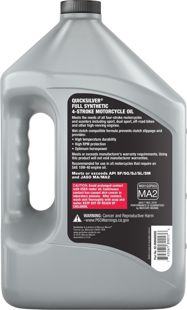 [92 8M0060085] QUICKSILVER 10W40 FULL SYNTHETIC MOTORCYCLE OIL - 3.78 L (1 US GAL) BOTTLE (8M0060085)
